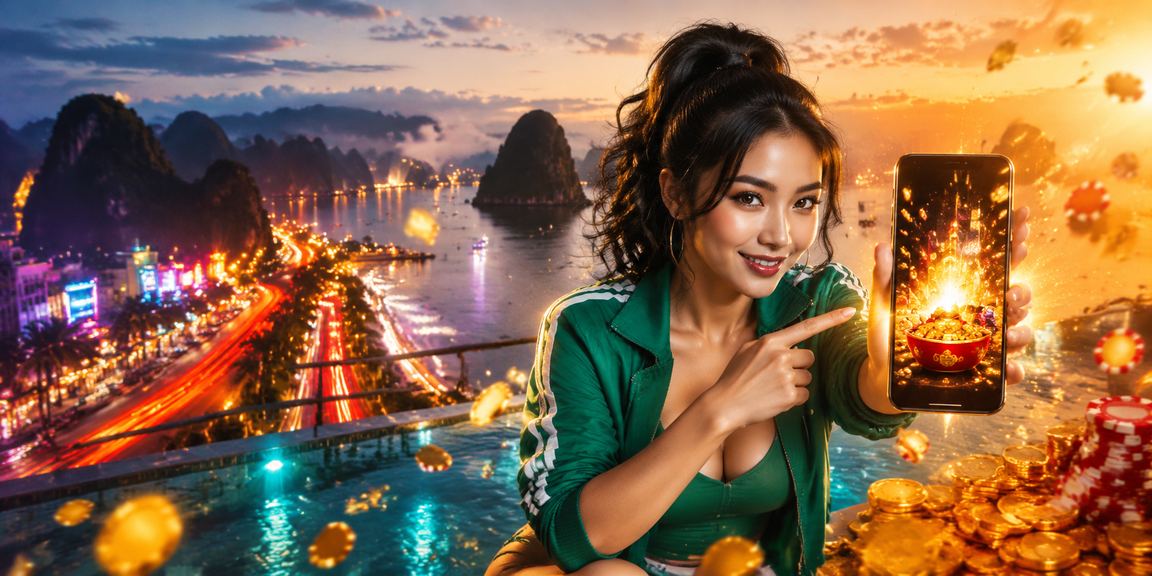Người chơi đăng nhập trên điện thoại di động với nền casino đèn neon